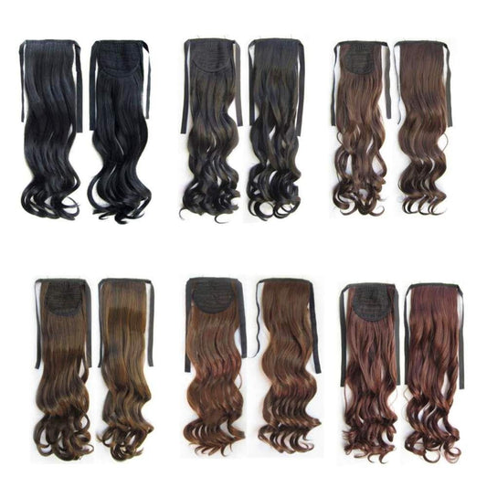 Wavy ponytail hair extension pieces with mesh cap, assortment of black, brown, and blonde.