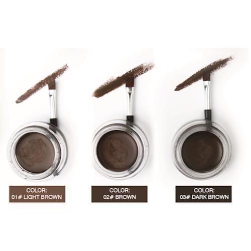 Eyebrow pomade shades with applicator tips and swatch strokes in light, brown, dark brown