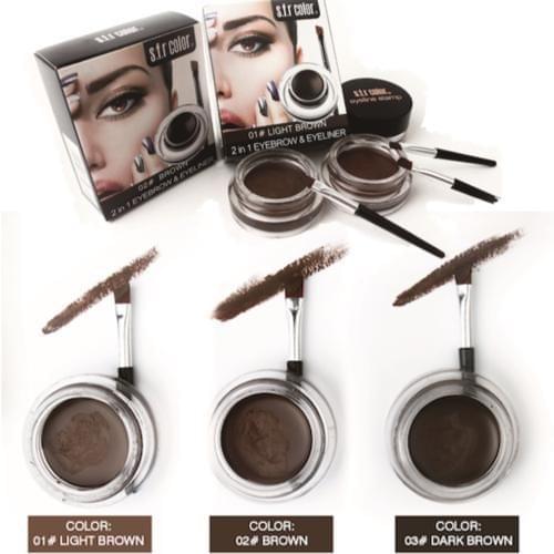 Eyebrow pomade and eyeliner set with brown pots and angled brush applicators