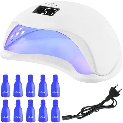 White UV nail lamp showing control panel and glowing blue curing light.