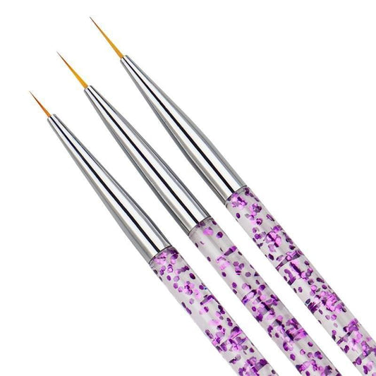 3-piece nail art brush set with purple glitter stems and gold tips