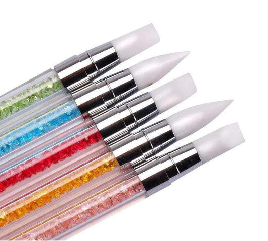 Double-ended silicone UV nail art brush set with 5 white tips and multicolor gel tubes