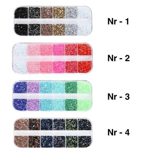 Rhinestone nail color set in segmented tray, glitter stones in multiple shades