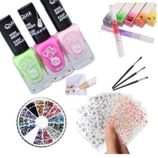 Nail polish kit with bottles, rhinestone wheel, nail stickers, and applicator tools