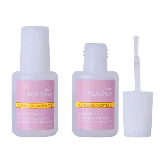 Nail glue set: two bottles and a brush applicator with white cap.
