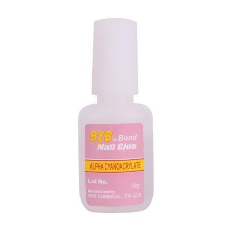 Nail glue bottle with pink label and pointed white cap.