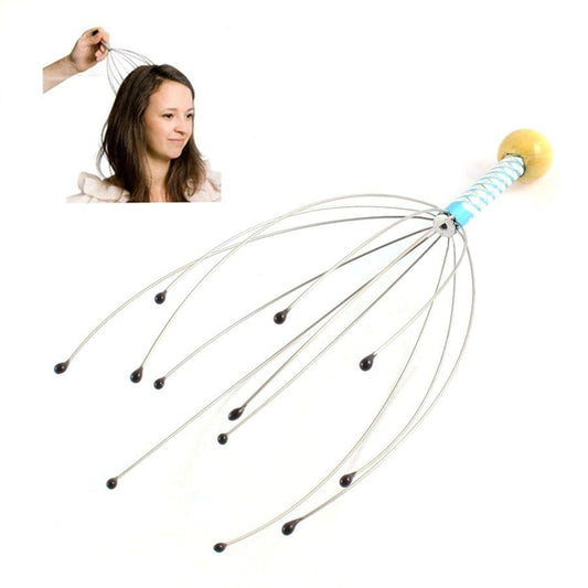 Hair massage comb with wooden handle and blue coil, metal prongs