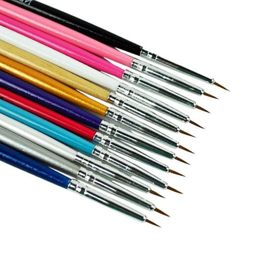 12-piece nail art brush set with multicolor handles and fine pointed bristles