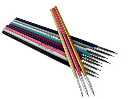Nail art brush set with multicolor handles and pointed tips, angled view