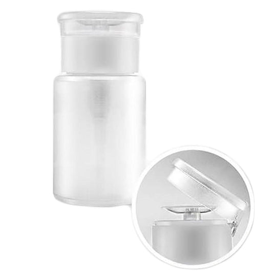 Pump bottle dispenser remover with clear plastic bottle and pump head, side view