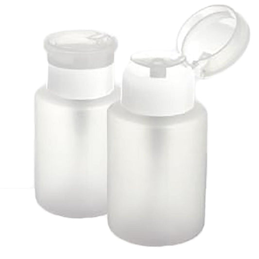 Pump bottle dispenser remover set of two clear plastic pump bottles, front view