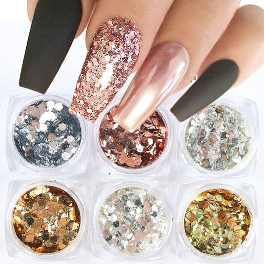 6-pack nail glitter in pink, rose-gold, and silver round containers