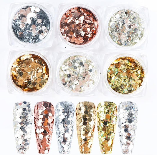 6-pack nail glitter with silver, rose, gold, and bronze glitter jars and swatches