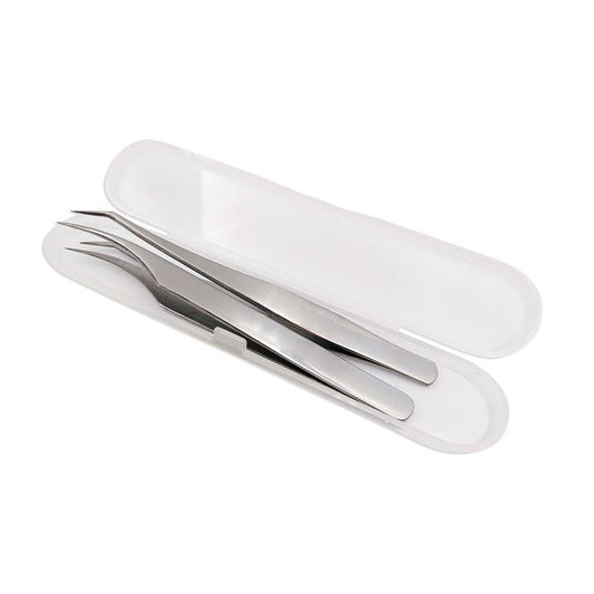 2-pack eyelash extension tweezers with white storage case and two pointed tips