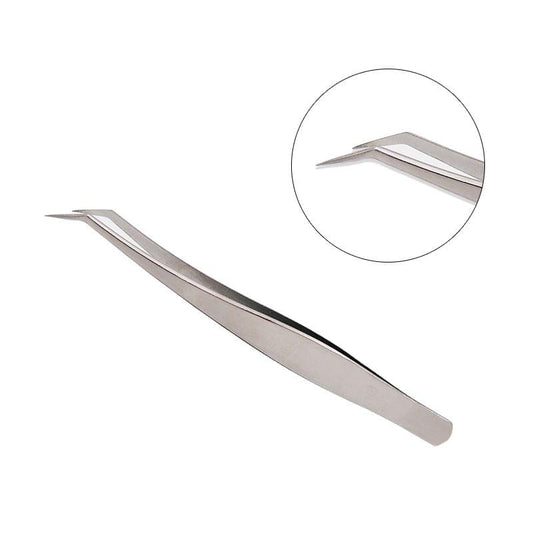 Eyelash extension tweezer with slanted pointed tip, shown with close-up detail