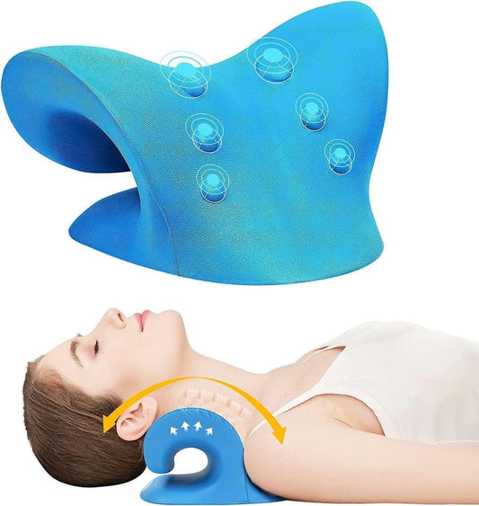 Blue neck stretcher pillow with U-shaped cutout and textured grip nubs