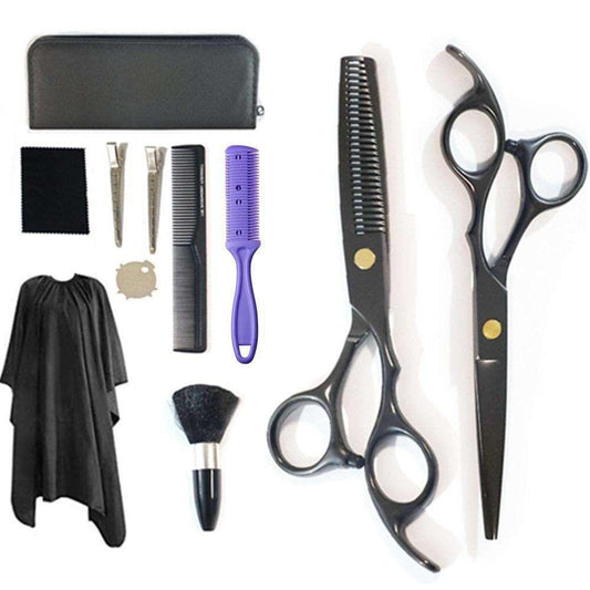 Hairdressing tools set: black scissors, thinning scissors, comb, hair divider, accessories.