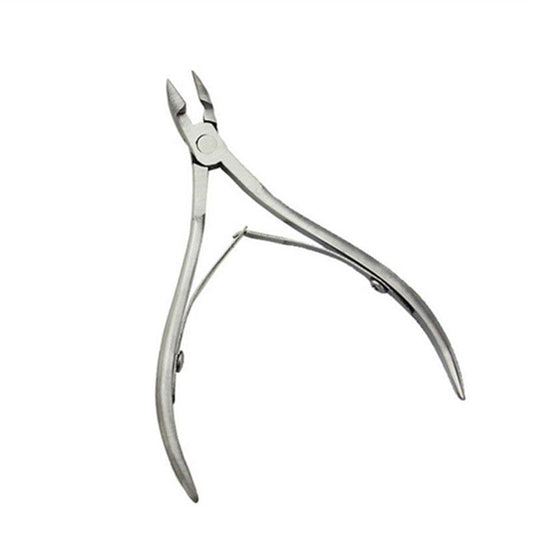 Stainless steel cuticle nipper with curved jaws, silver finish