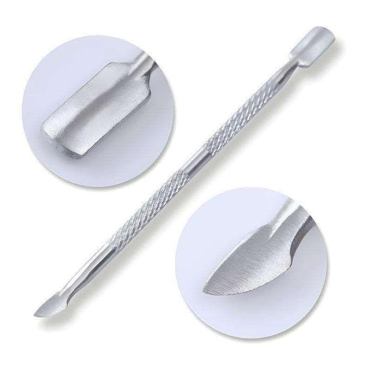 2-in-1 cuticle pusher with silver metal tips, textured grip, angled edge