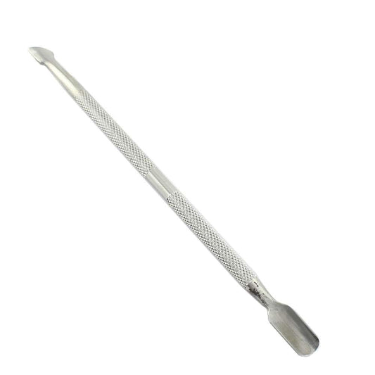 Silver 2-in-1 cuticle pusher tool with textured handle and angled end tip