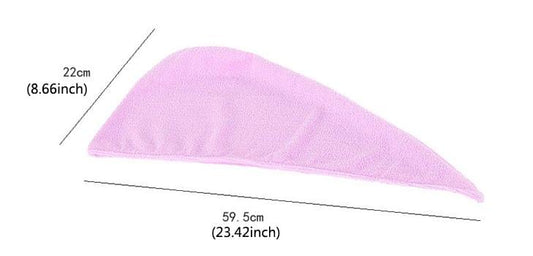 Microfiber hair turban towel, purple triangular size diagram with measurements