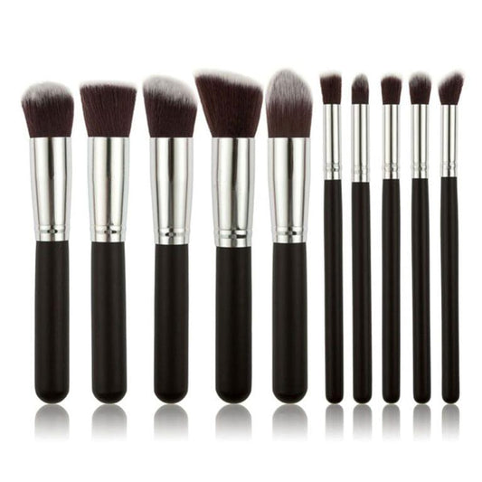 Makeup brush set with black handles and silver ferrules, soft brown and gray bristles
