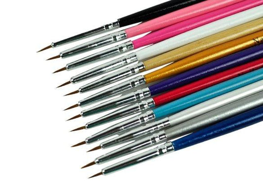 Nail art brush set with colored handles and fine pointed tips, multiple brushes