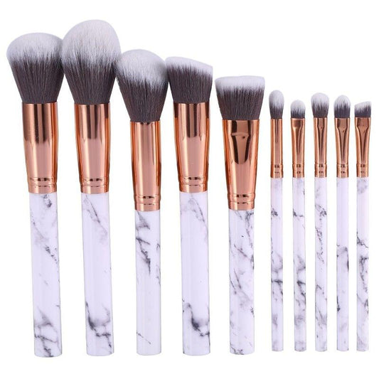 Makeup brush set with marble white handles and rose-gold ferrules, gray bristles (10 pcs)