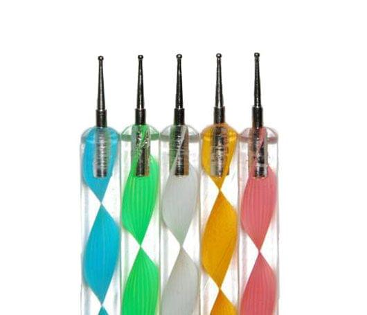 Nail art dotting tools set of 5 with blue, green, yellow, and pink handles