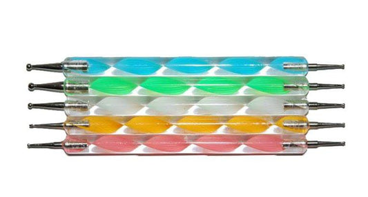 Nail art dotting tools set of 5 with striped blue, green, yellow, and pink shafts