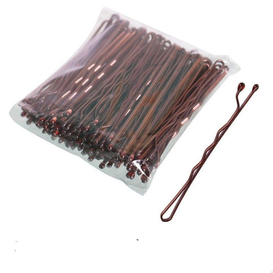 Bag of 100 brown hairpins with curled metal ends and plastic storage pouch