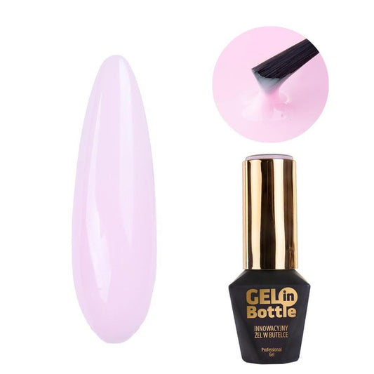 Light pink UV gel base coat bottle with glossy nail swatch