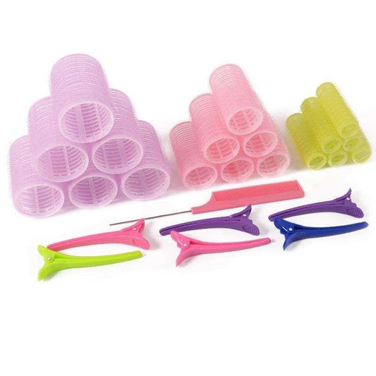 Multi-color hair roller set with clips, comb, and divided roller sections