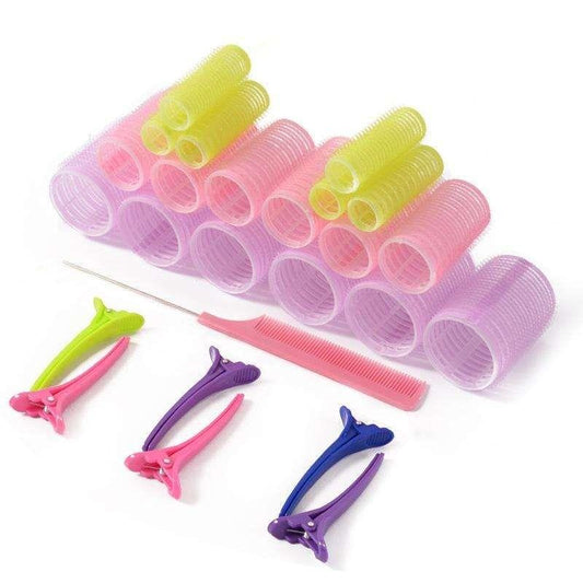Multi-color hair roller set with spring clips and comb, assorted colors