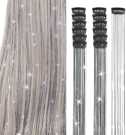 Hair Tinsels Festival Extensions Glitter 12 Piece Clip On Accessory Set 52Cm Long For Christmas And New Year Suitable Women Girls Children (Black)
