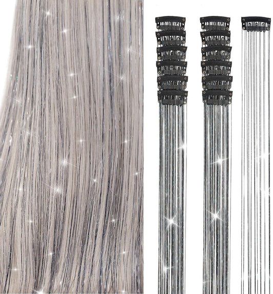 Silver glitter clip-on hair tinsel extensions with long straight strands