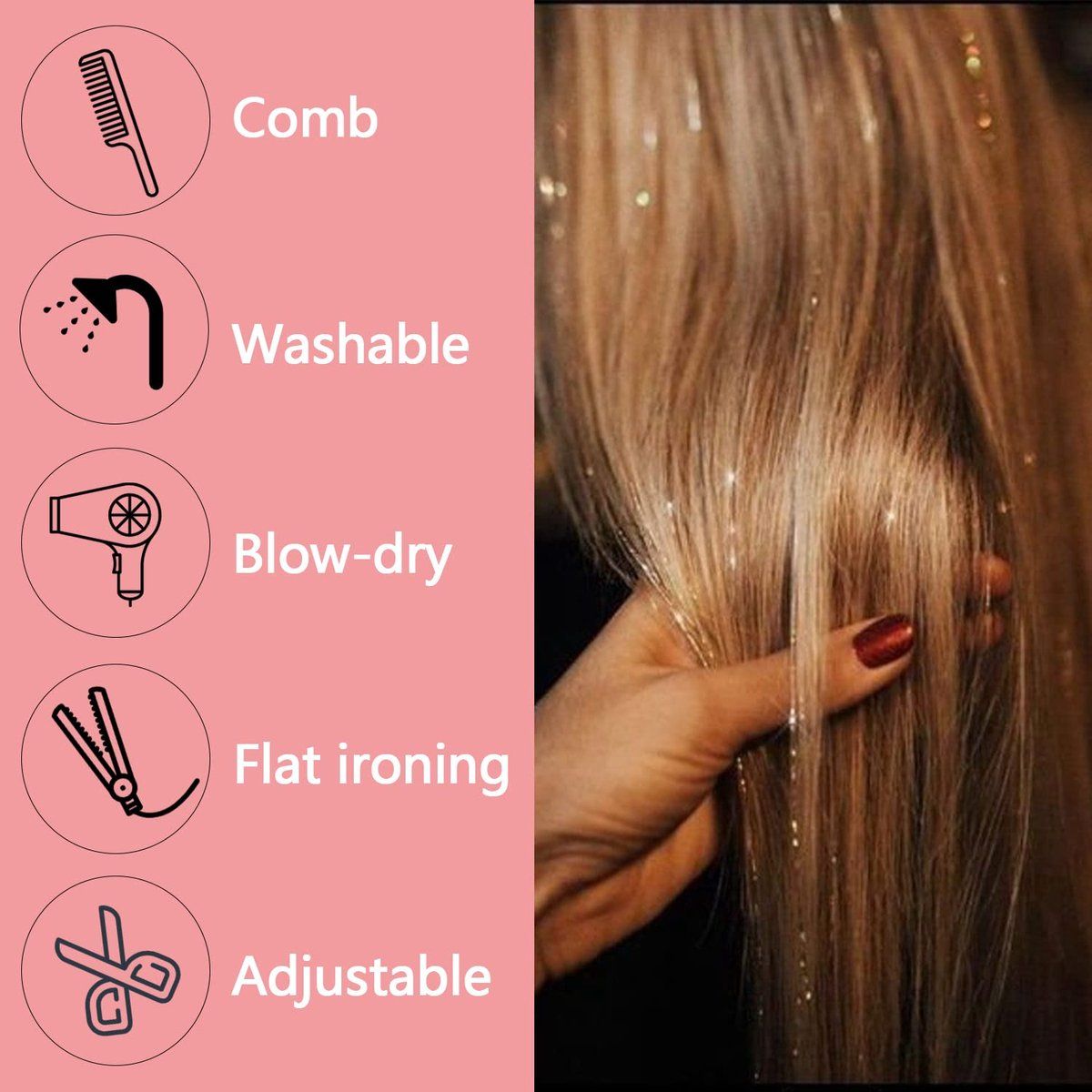 Hair Tinsels Festival Extensions Glitter 12 Piece Clip On Accessory Set 52Cm Long For Christmas And New Year Suitable Women Girls Children (Black)