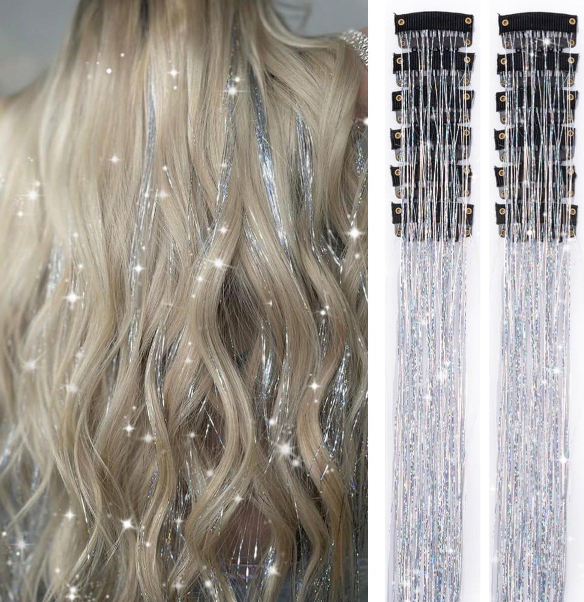 Hair Tinsels Festival Extensions Glitter 12 Piece Clip On Accessory Set 52Cm Long Christmas And New Year Suitable For Women Girls Children (Silver)