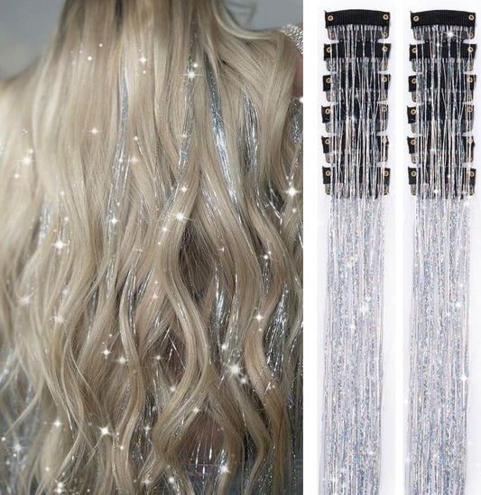 Silver hair tinsel extensions with long clip-in strands, sparkly glittery look
