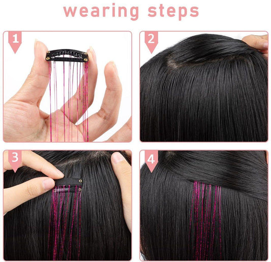 Clip-on hair tinsel set with multiple comb clasps and long silver glitter strands