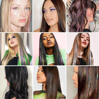 Hair Tinsels Festival Extensions Glitter 12 Piece Clip On Accessory Set 52Cm Long Christmas And New Year Suitable For Women Girls Children (Silver)
