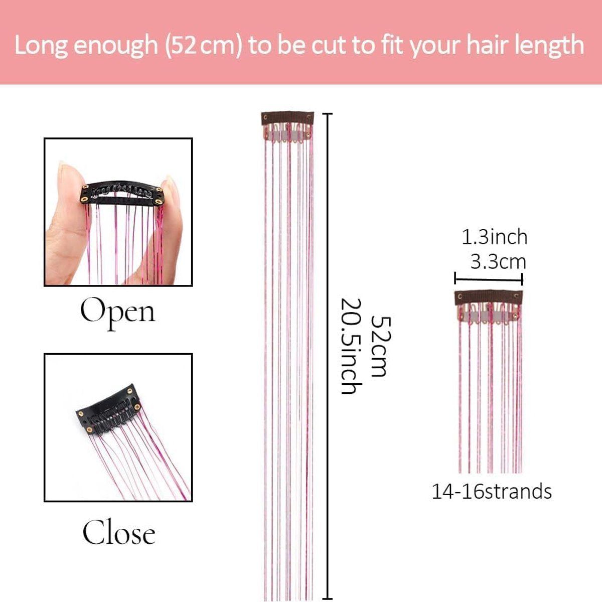 Hair Tinsels Festival Extensions Glitter 12 Piece Clip On Accessory Set 52Cm Long Christmas And New Year Suitable For Women Girls Children (Silver)
