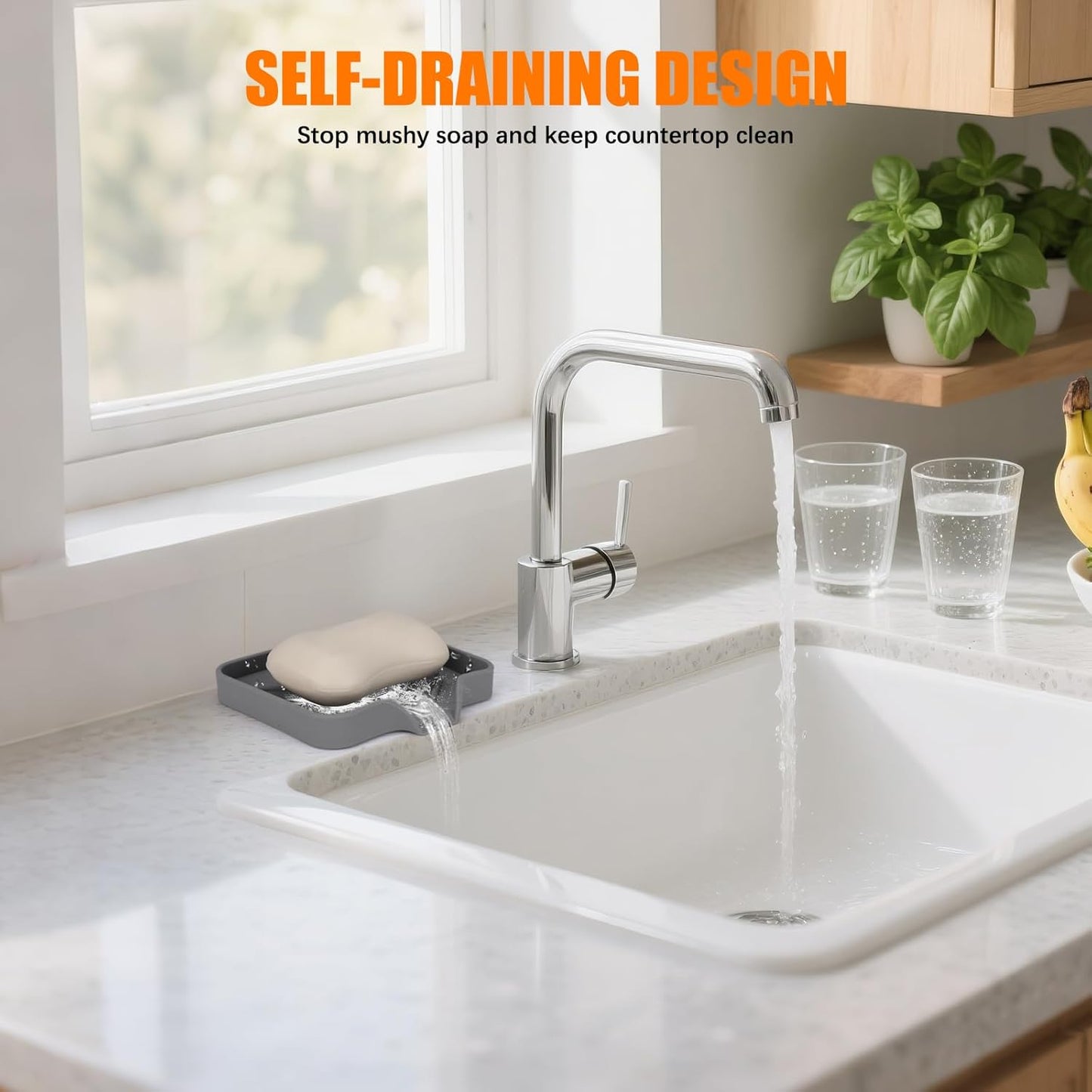 Silicone Soap Dish for Shower with Self Draining, 2 Pack Soap Holder for Bathroom, Silicone Sponge Holder for Kitchen Sink, Soap Tray for Dispenser, Scrubber, Bottle, 4.7"×3.9", Grey & Beige White
