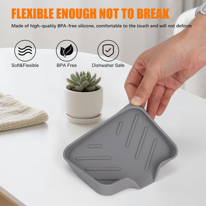 Silicone Soap Dish for Shower with Self Draining, 2 Pack Soap Holder for Bathroom, Silicone Sponge Holder for Kitchen Sink, Soap Tray for Dispenser, Scrubber, Bottle, 4.7"×3.9", Grey & Beige White