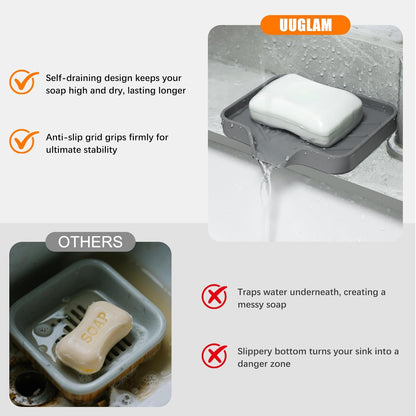 Silicone Soap Dish for Shower with Self Draining, 2 Pack Soap Holder for Bathroom, Silicone Sponge Holder for Kitchen Sink, Soap Tray for Dispenser, Scrubber, Bottle, 4.7"×3.9", Grey & Beige White