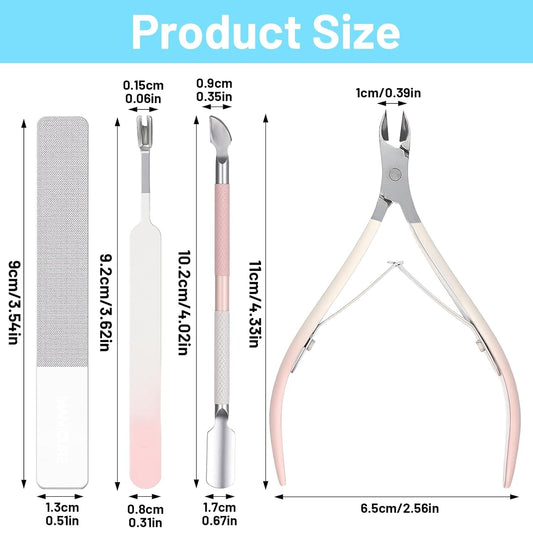 Stainless steel cuticle trimmer set with nail file and dual-ended pusher, pink handles