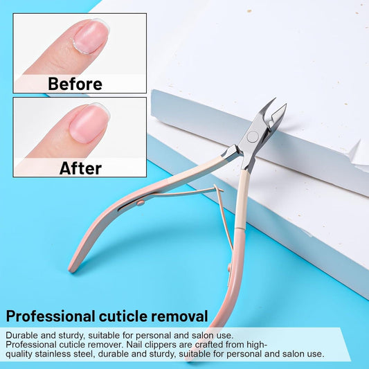 Cuticle nipper trimming nails with pink handle, stainless steel jaws