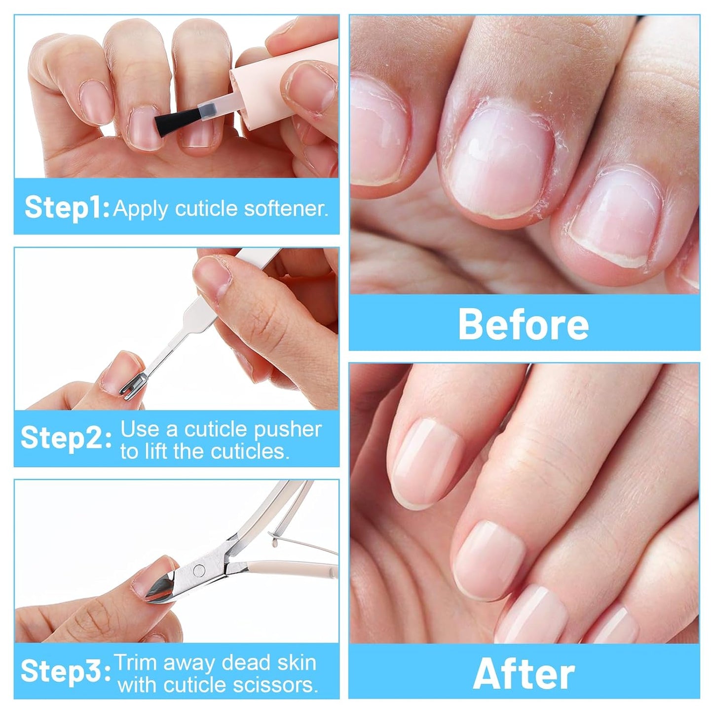 4 Pcs Cuticle Clipper with Single Dual Ended Pusher and Nail File, Stainless Steel Nail Cuticle Trimmer Cutter Extremely Sharp Full Jaw Cuticles Nipper for Women Professional Salon and Home Use