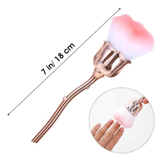 Nail dusting brush, rose-pink bristles, rose-gold handle; 7 in length