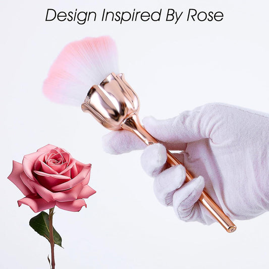 Nail cleaning brush with rose-pink fan bristles and rose-gold holder